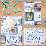 Script Pattern Blue On White 4 Photo Hanukkah Wrapping Paper Sheet<br><div class="desc">Create your own personalised wrapping paper for Hanukkah with this script typography in blue on white, three fun patterns and your photos highlighted as part of the design. This blue on white custom Hanukkah wrapping paper is easy to personalise for one of a kind Chanukah gift wrap in a three...</div>