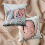 Script Photo Baby Birth Stats Announcement Cushion<br><div class="desc">Modern elegant gold photo baby birth announcement pillow to introduce your beautiful newborn baby. The front features a photo of your baby along with chic gold and black text for your baby's name and birth stats with a second photo on the reverse. A lovely keepsake to celebrate your new arrival!...</div>