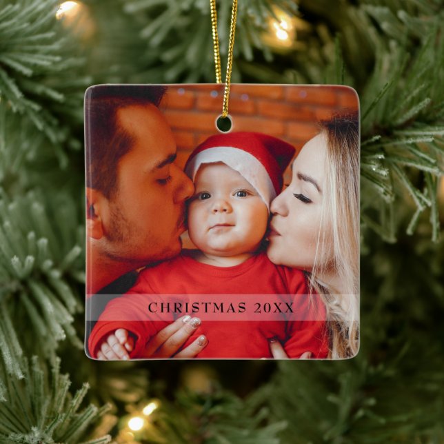 Script Photo Baby's First Christmas Snowflakes Ceramic Ornament (Tree)