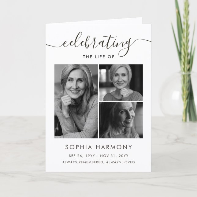 Script Photo Collage Celebration of Life Program Card (Front)