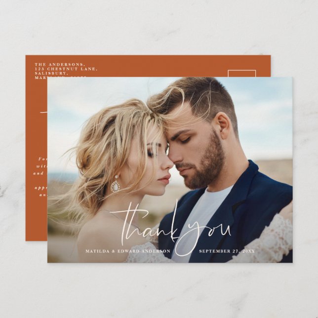 Script photo wedding thank you modern minimal chic announcement postcard (Front/Back)
