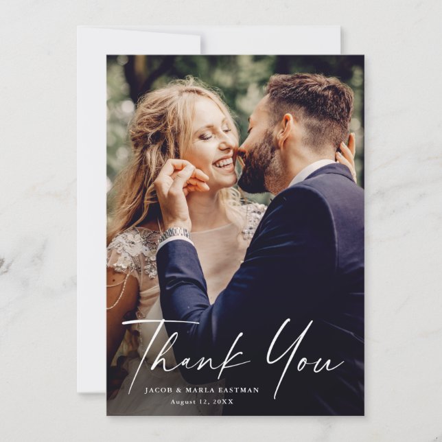 Script photo wedding thank you modern minimal chic card (Front)