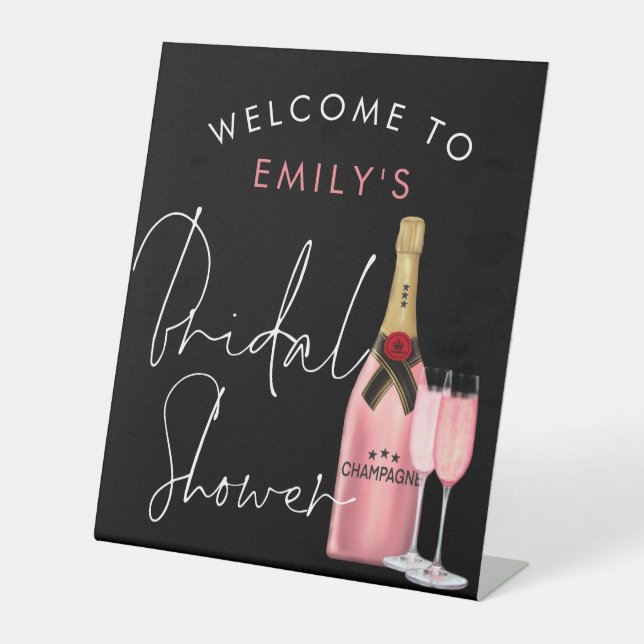 Script Pink Champagne Name Welcome Bridal Shower Pedestal Sign (Front)
