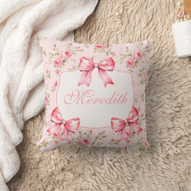 Script Pink Roses Bow Coquette Cushion (Blanket)