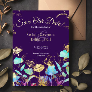 Script Purple Floral Wedding Save the Date Card