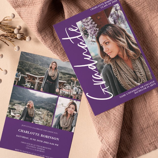  Script purple graduate photo graduation Invitation (Creator Uploaded)
