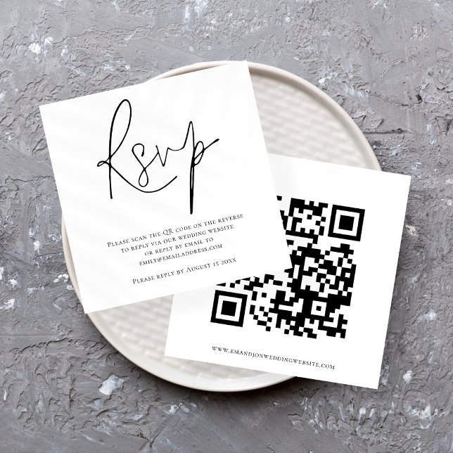 Script QR Code Wedding Black White RSVP Card (Creator Uploaded)