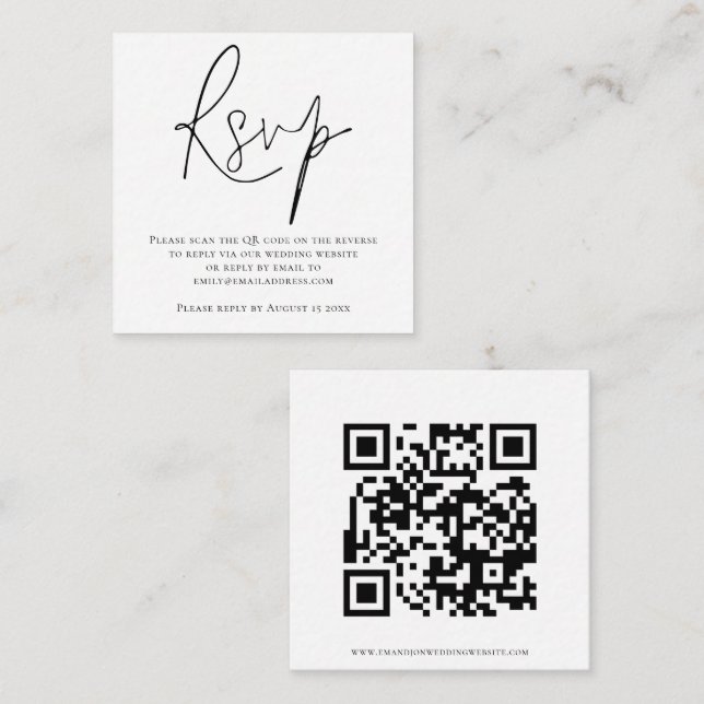 Script QR Code Wedding Black White RSVP Enclosure Card (Front/Back)