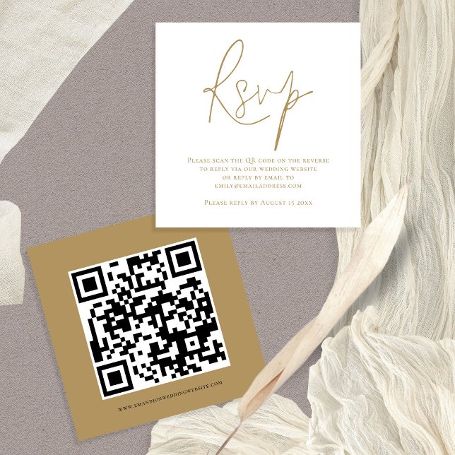 Script QR Code Wedding Gold White RSVP Enclosure Card (Front and back view of this mini 2.5" square enclosure RSVP card with QR code on the back)