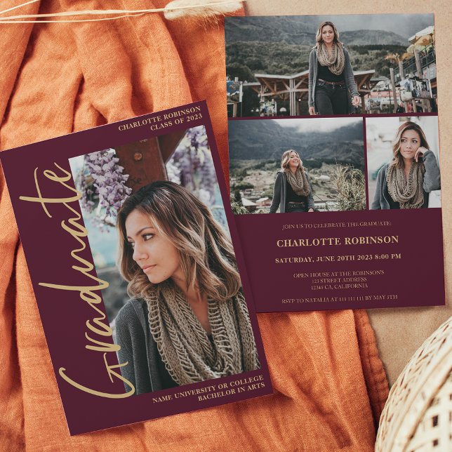  Script red burgundy graduate photo graduation Invitation (Creator Uploaded)