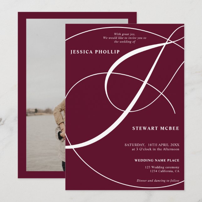 Script red burgundy photo calligraphy wedding invitation (Front/Back)