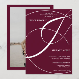 Script red burgundy photo calligraphy wedding invitation