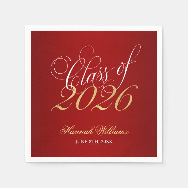 Script Red Gold Class of 2026 Graduation Napkin (Front)