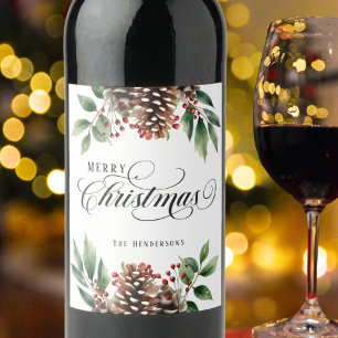Script red green Christmas Wine Label