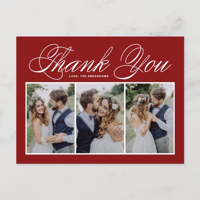 Script Red Three Photo Collage Wedding Thank You Postcard (Front)