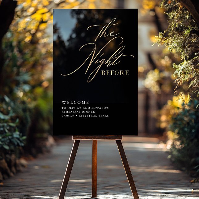 Script Rehearsal Dinner Black & Gold Welcome Acrylic Sign (Black and Gold Calligraphy Script Rehearsal Dinner Welcome Sign )