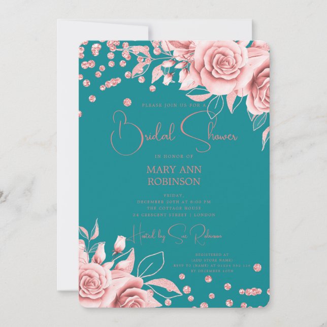 Script Rose Gold Floral Glitter Bridal Shower Teal Invitation (Front)