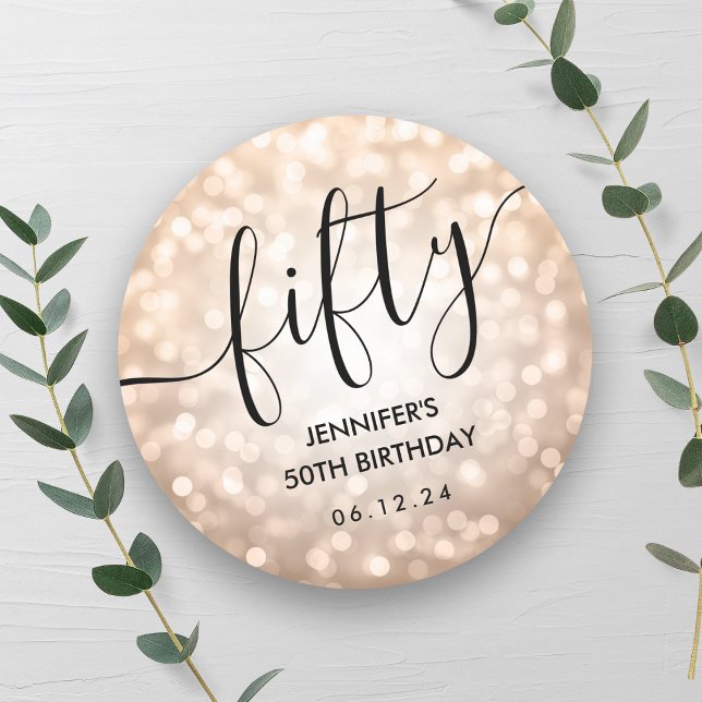 Script Rose Gold Glitter Lights 50th Birthday  Classic Round Sticker (Script Rose Gold Glitter Lights 50th Birthday Classic Round Sticker)