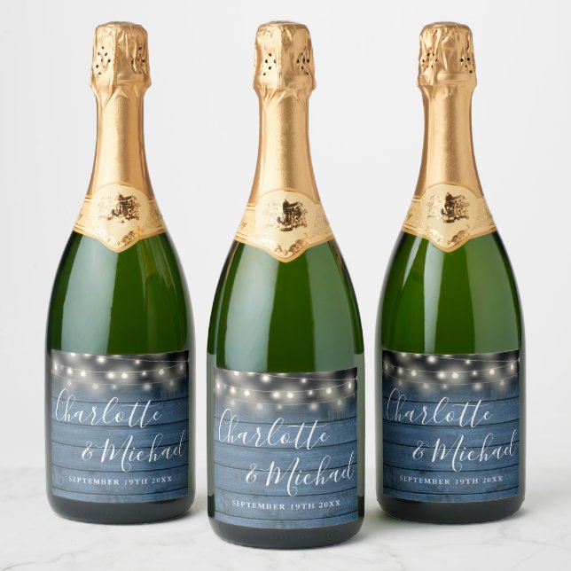 Script Rustic Blue Wood String Lights Wedding Sparkling Wine Label (Bottles)