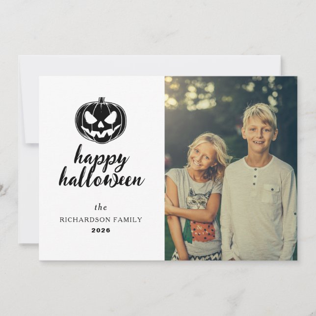 Script Rustic Jack-O'-Lantern Halloween 1 Photo Holiday Card (Front)