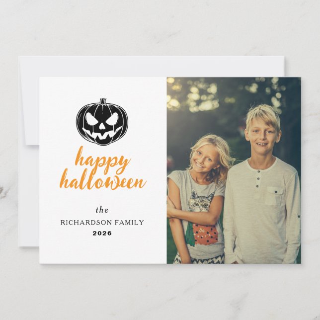 Script Rustic Jack-O'-Lantern Halloween 1 Photo Holiday Card (Front)