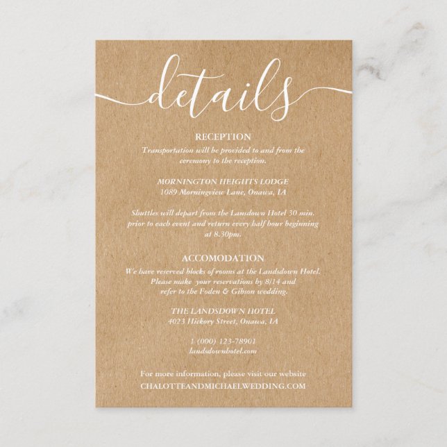 Script Rustic Kraft Wedding Details Information Enclosure Card (Front)