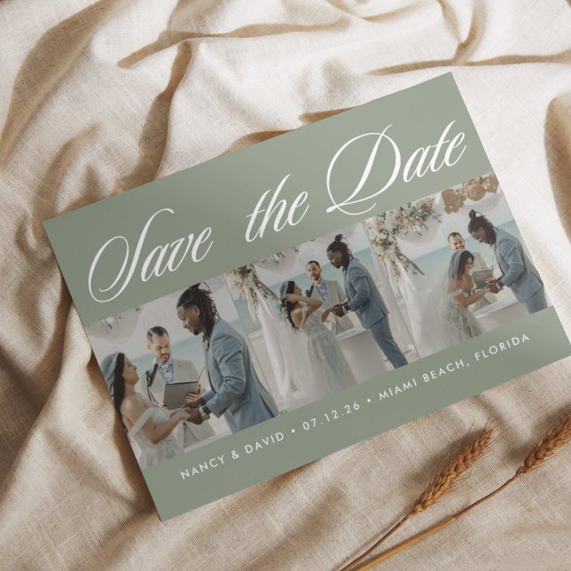 Script Sage Green photo Collage Beach Wedding  Save The Date (Creator Uploaded)
