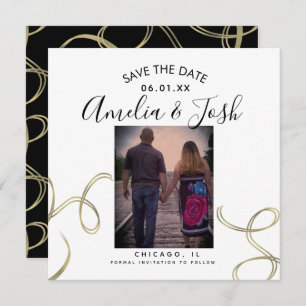 Script Save the Date Photo Faux Swirl  Black White Card