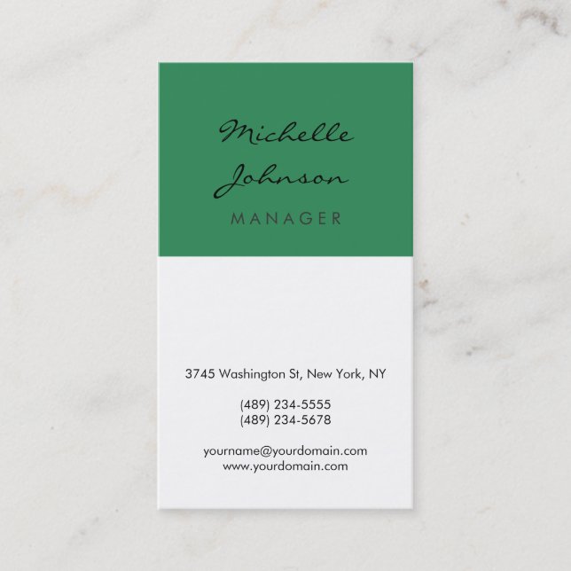 Script Sea Green White Manager Business Card (Front)