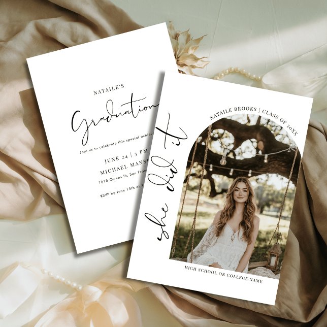 Script She Did It Minimalist Graduation Girl Photo Invitation (Creator Uploaded)