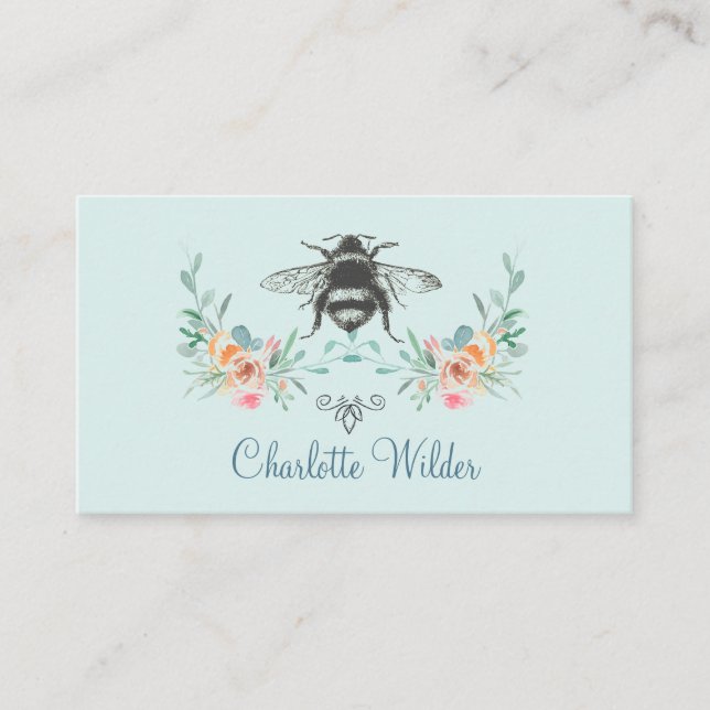 Script Signature Personalised Bee Floral Blue Calling Card (Front)