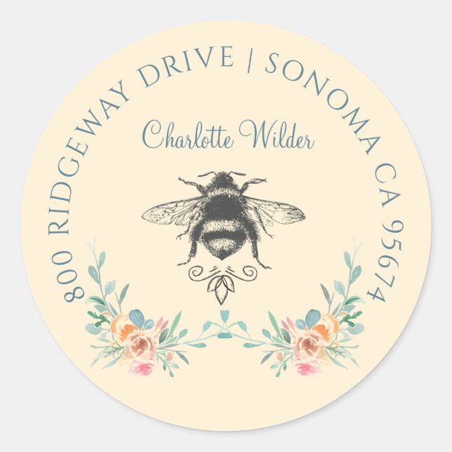 Script Signature Personalised Bee Floral  Classic Round Sticker (Front)