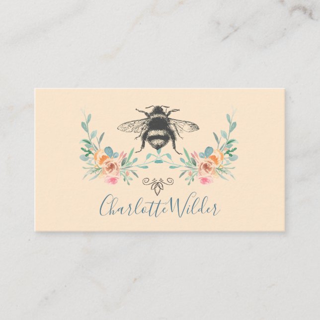 Script Signature Personalised Bee Floral Cream Calling Card (Front)