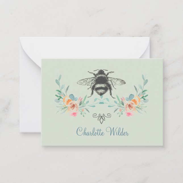 Script Signature Personalised Bee Floral Green  Card (Front)