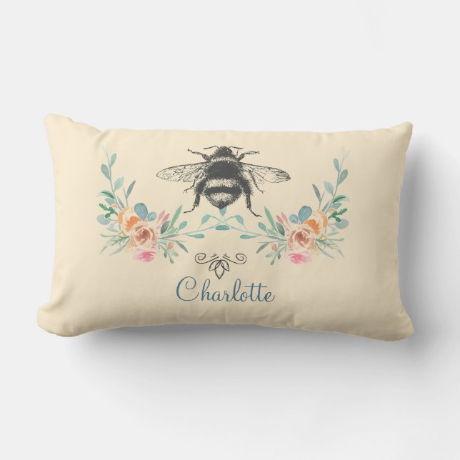 Script Signature Personalised Bee Floral Lumbar Cushion (Front)