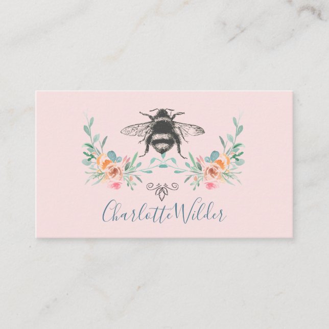 Script Signature Personalised Bee Floral Pink Calling Card (Front)