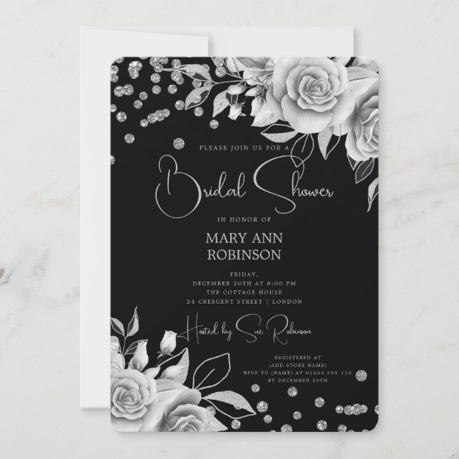 Script Silver Floral Glitter Bridal Shower Black  Invitation (Front)