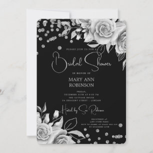 Script Silver Floral Glitter Bridal Shower Black  Invitation