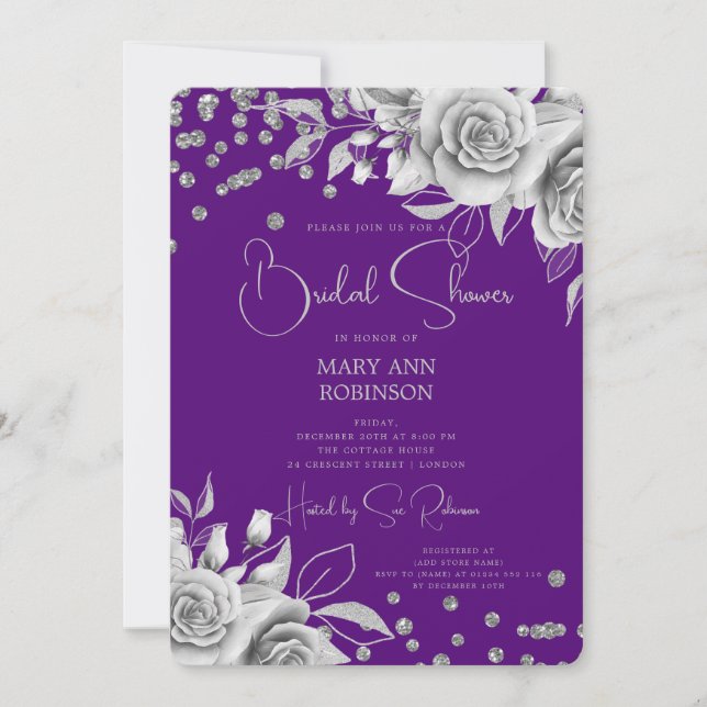 Script Silver Floral Glitter Bridal Shower Purple  Invitation (Front)