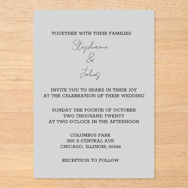 Script Simple Grey Grey Elegant Minimal Wedding Acrylic Invitations (Front)