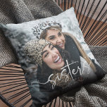 Script Sisters Photo & Quote Keepsake Gift Cushion<br><div class="desc">Celebrate your unbreakable sisterly bond with our Elegant Script 'Sister' Typography and Custom Photo Pillow. This unique gift showcases a cherished photograph of you and your sister, accompanied by beautifully crafted calligraphy, script lettering and a name/s tag. Plus, add a personal touch with a heartwarming quote on the reverse. Make...</div>