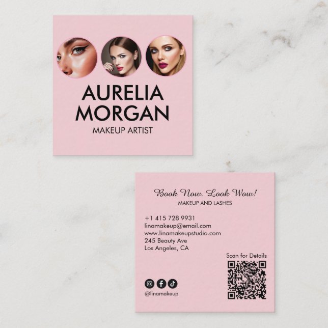 Script Social Icon QR Code Photo makeup Artist Square Business Card (Front/Back)