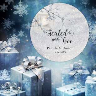 Script Sparkling Snow Winter Wedding Classic Round Sticker