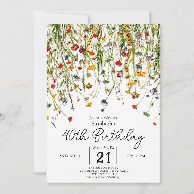 Script Spring Wildflowers 40th birthday Invitation (Front)
