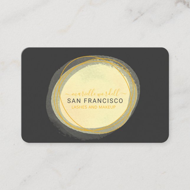 Script Sun Gold Watercolor Circle Black Business Card (Front)