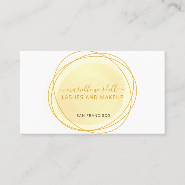Script Sun Gold Watercolor Circle Lashes Makeup Business Card (Front)