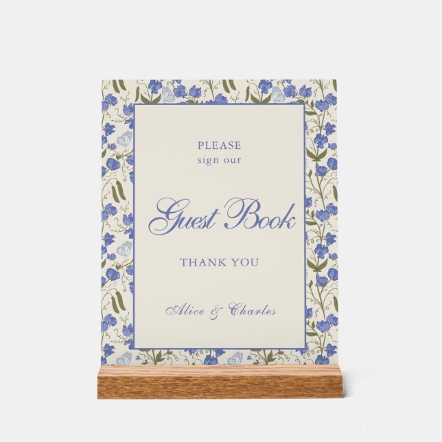 Script Sweet Pea Floral Cream and Blue Wedding Acrylic Sign (Front)