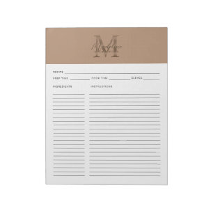 Script Taupe Metallic Gold Monogram Recipe Notepad