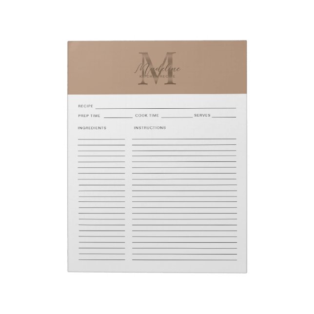 Script Taupe Metallic Gold Monogram Recipe Notepad (Rotated)