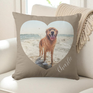 Script Taupe Pet Heart Photo Personalised Dog Cushion